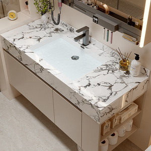Modern smart beige bathroom vanity with marble sintered stone top and LED smart mirror cabinet - Product Image 3
