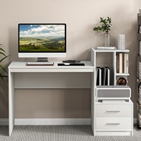 Bureau d'ordinateur compact moderne en bois blanc avec 2 tiroirs et étagère d'angle pour bureau à domicile