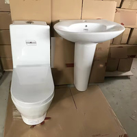 Ensemble de sanitaires modernes comprenant une toilette monobloc en céramique blanche et un lavabo sur pied pour salle de bain