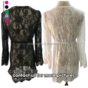 فستان كيمونو نسائي أبيض من الدانتيل للشاطئ، كارديجان مثير بياقة V من الكروشيه، ملابس سباحة وبيكيني مع حزام ربط شفاف - Product Image 4