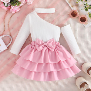 ชุดเด็กผู้หญิงสไตล์เจ้าหญิงหวานแหวว แฟชั่นเสื้อแขนยาวสองชิ้น ชุดกระโปรงจีบประดับโบว์สวยหรู ขายส่งจากโรงงาน - Product Image 1