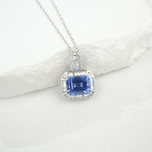 925 silver emerald cut sapphire pendant vintage collarbone chain - Product Image 2