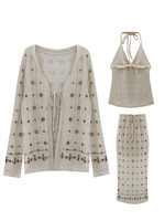 Ensemble de mode féminin 2 pièces pour l'hiver, romantique, avec haut à perles et tissage en polyester/coton peigné, élégant, vente en gros