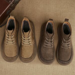 High <b>Top</b> Genuine Cow Leather Boots Round Toe Lace Up Plush Lining Rubber Sole Insulative <b>Walking</b> Shoes Autumn Winter Style - Product Image 1