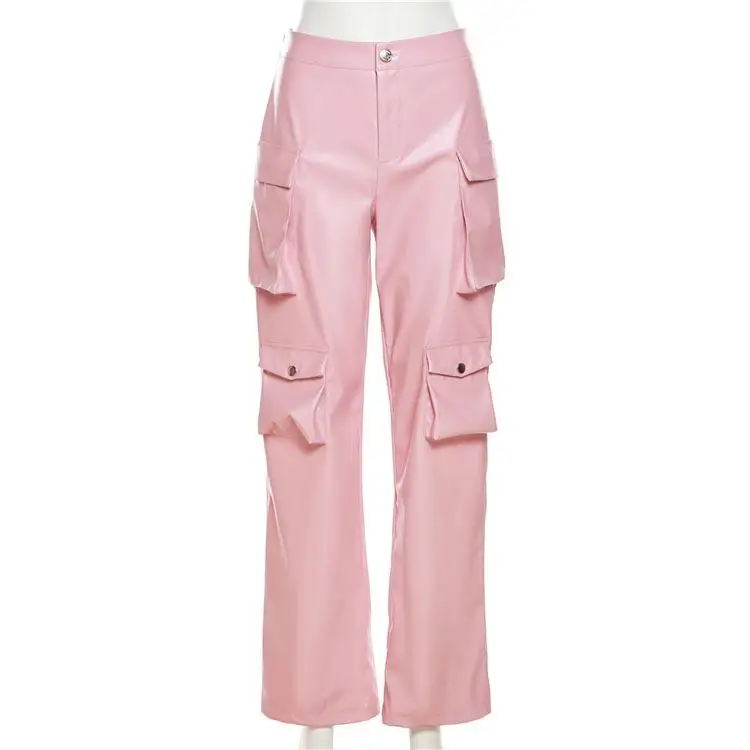 Lässige Sommer mode Slim Loose Bottoms Elastische High Waist Pink Hipster Streetwear Leder Cargo hose für Frauen