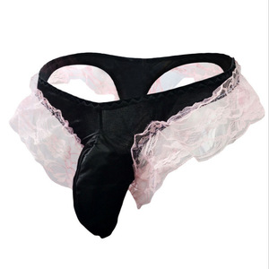 Lencería sexy para hombre, tanga negra y rosa con ribete de encaje, spandex con tacto real, ropa interior gay para crossdressing. - Product Image 1
