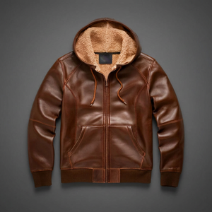 Chaqueta con Capucha de Cuero Genuino Marrón para Hombre, Forro de Sherpa, Cierre de Cremallera, Impermeable, Transpirable, Reversible, Estilo Motero de Invierno - Product Image 3