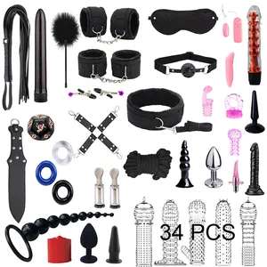 34 buah mainan seks Bdsm kit jugetes seksual PU Set perlengkapan perbudakan SM borgol klem puting mainan seksi dewasa 18 untuk pasangan