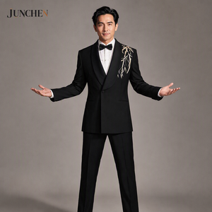 <span class=keywords><strong>Costume</strong></span> pour <span class=keywords><strong>homme</strong></span> au design <span class=keywords><strong>oriental</strong></span> moderne, veste formelle à col châle avec motif bambou doré pour les garçons d'honneur - Product Image 3