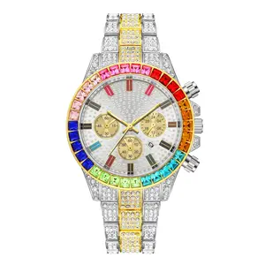 Unisex Gold Plated Diamond Wristwatch Calendar Luxury Rainbow Diamond Shiny Rhinestone Crystal Quartz Analog Watch For Party