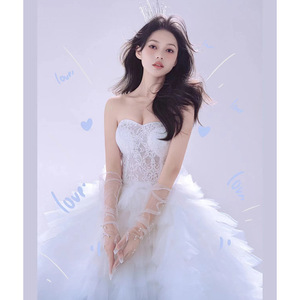 Blue Strapless Tulle Wedding Dress Empire Waist Ball Gown Sweet Princess Style Light Luxury Photography Outdoor Portrait - Product Image 2
