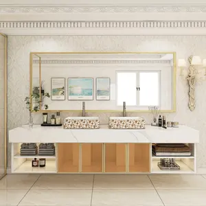 Espejo de diseño de montaje en pared de madera sólida PA, tocador de baño con doble lavabo