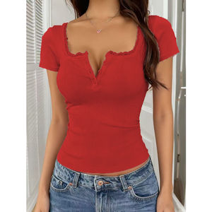 T-shirt court à manches courtes pour femmes Channel XS-3XL, style Y2K, boutonné, avec bordure en dentelle, côtelé, coupe ajustée, col rond, Henley, été, fille - Product Image 3