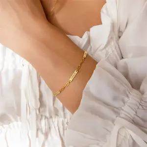 Gelang rantai Fashion wanita, perhiasan gelang ukiran kustom bar berlapis emas gelang rantai baja tahan karat grosir