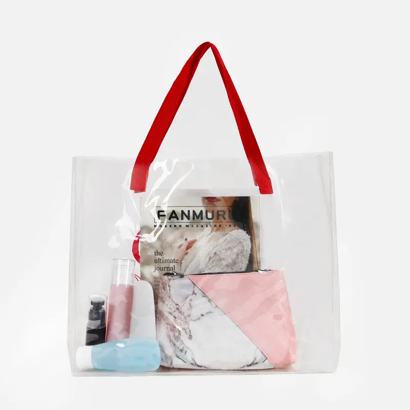 Kunden spezifische holo graphische transparente Mode PVC-Einkaufstasche Einkaufstasche Strand tasche mit Nylon griff