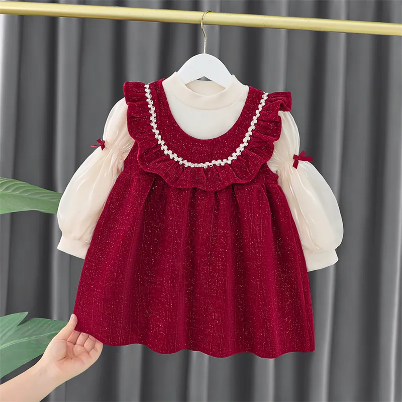 Großhandel Kinder kleider mit Bogen gelb weiß Baby Mädchen gerippt Kleid Baby Pullover Kleid Weihnachten