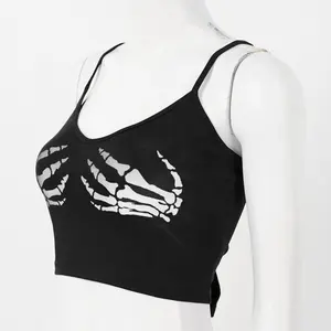 Capa única sem mangas para mulheres, esqueleto humano, estampa manual, cropped