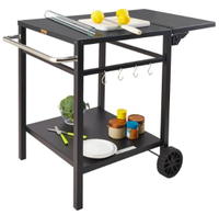 Chariot à roulettes à deux niveaux avec plateau extensible pliable, crochets en S, grandes roues, cadre en métal noir, chariot de service pour barbecue