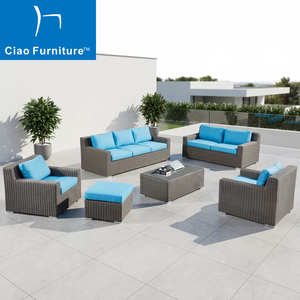 Conjunto de Sofás de <span class=keywords><strong>Jardín</strong></span> de <span class=keywords><strong>Ratán</strong></span> <span class=keywords><strong>Sintético</strong></span> para Exteriores, Resistente a la Intemperie, con Cojín Azul - Product Image 1