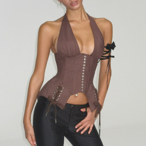 En stock Nouveauté 2026 Crop <span class=keywords><strong>top</strong></span> de soirée de haute qualité, style corset, avec baleines intégrées, décolleté en V profond, col licou, boutons-pression métalliques et laçage latéral - Product Image 3