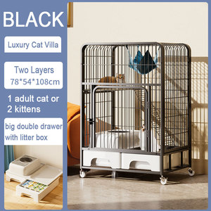 กรงแมวขนาดใหญ่ บ้านแมวเหล็กทรงสี่เหลี่ยมพร้อมกระบะทรายและล้อเลื่อน - Product Image 3