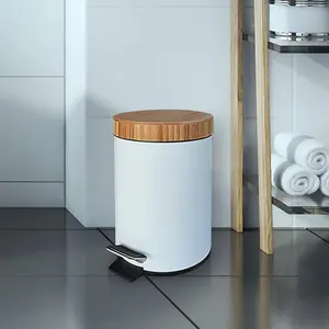 3L Metal Trash Can With Bamboo Lid Bedroom Foot Pedal Bin Waste Paper Recycling Bin