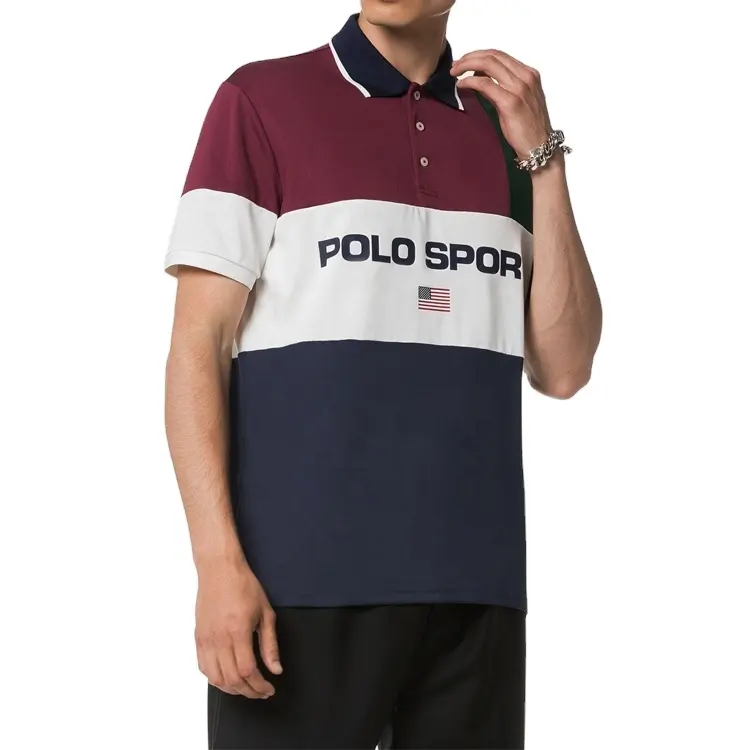 Custom USA Flag Printing Color Block Short Sleeve Mens Polo Sport Shirts