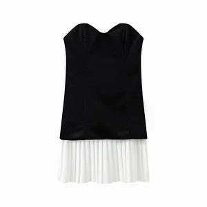 Белое черное модное летнее мини-платье без бретелек с молнией в стиле пэчворк
