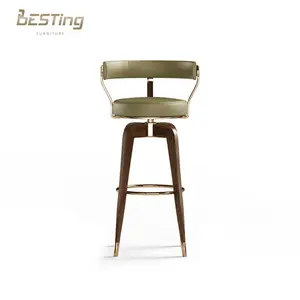 High Quality Nordic Luxury Modern Bar Furniture Premium Solid Wood Frame Leather Upholstered Bar Chair Swivel