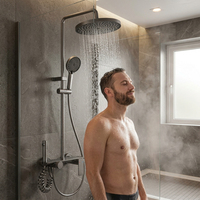 Ensemble de robinetterie de douche et de bain gris anthracite avec système de douche pluie, douchette bidet et étagère de salle de bain 3 voies