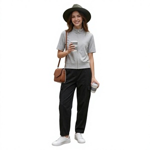 Women's Gray Short Sleeve <b>Zip</b>-<b>Up</b> Stand Collar Sweatshirt Knitted Cotton Blend Solid Color Breathable Spring Casual Top - Product Image 3