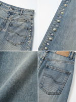 Anjie – Nouveaux Jeans Femme à Jambes Larges Cloutés, Personnalisables (Logo OEM/ODM), Marque Privée, Lavage Vintage, Denim Perlé – Vente en Gros Direct Usine
