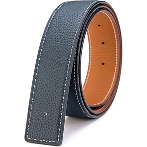 Ceinture formelle en cuir véritable, cuir de vache, noir uni avec surpiqûres blanches et intérieur marron - Product Image 1