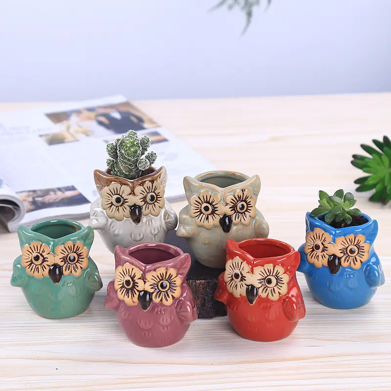 H580 Pot Mini Ornamen Taman Rumah Penanam Tembikar Bentuk Hewan Kreatif Keramik Multi Warna Pot Bunga Burung Hantu Lucu