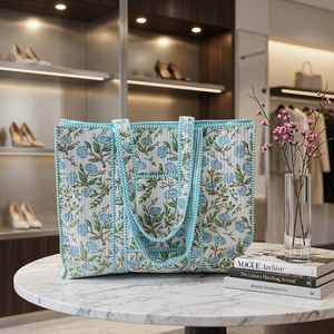Elegant Floral Printed Cotton Quilted <b>Tote</b> Bag Spacious Handmade Carryall Shoulder Bag for Travel Shopping Daily Use - Product Image 2