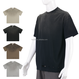 Custom logo, stevige vintage acid-washed, milieuvriendelijke, ademende, oversized, distressed, blanco T-shirt voor heren van 100% katoen, zwaargewicht. - Product Image 1