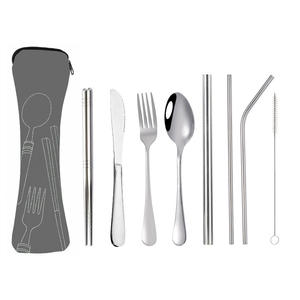 Stainless Steel <b>Portable</b> <b>Cutlery</b> <b>Set</b> 8 Piece With Straw Reusable Camping Utensil Kit For Outdoor Picnic Travel - Product Image 2