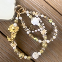 Cadena de lujo para teléfono móvil con cuentas de cristal, borla de perlas y colgante de rosa, personalizable al por mayor
