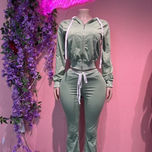 Conjunto de dos piezas para mujer: Sudadera con capucha y cremallera de <span class=keywords><strong>moda</strong></span>, corte ajustado, con bolsillos, y pantalones micro acampanados. - Product Image 3