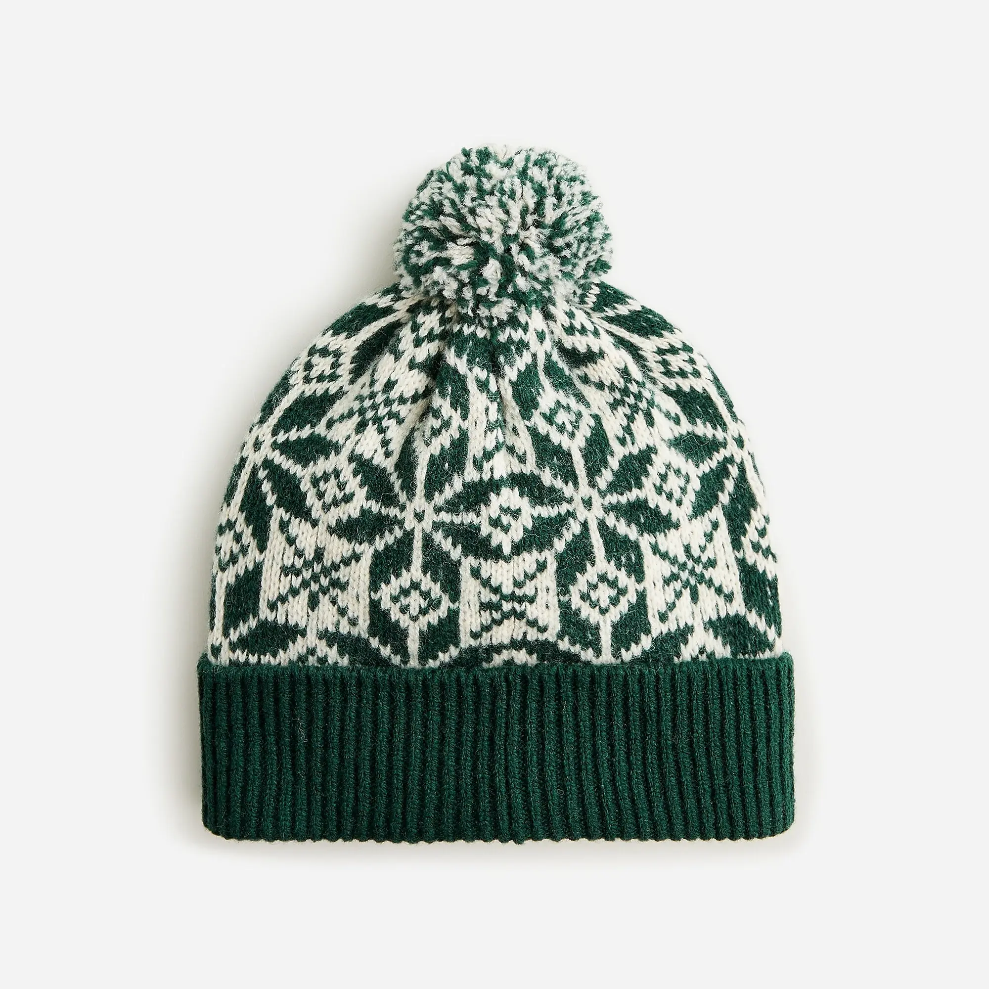 100% Lambswool Jacquard Army Green Fair Isle Pom Christmas Men's Knitted Beanie