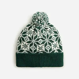 100% Lambswool Jacquard Army Green Fair Isle Pom Christmas Men's Knitted Beanie