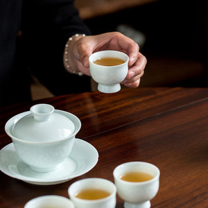 Hutian Kiln Celadon <b>Teacup</b> Embossed Hibiscus Flower High Footed Handmade Porcelain Tea Tasting Cup Small Guest Kung Fu Cup - Product Image 4