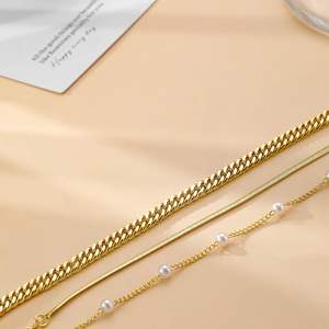 Bán buôn đồ trang sức bằng đồng thau Vòng đeo tay thiết lập ba lớp Cuba + phẳng + rắn + Ngọc Trai Chuỗi liên kết Vòng đeo tay thiết lập - Product Image 6