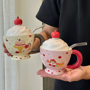 Ceramic Mug <b>With</b> <b>Lid</b> <b>And</b> Spoon Cartoon Pattern For Home Office Use Gift For Women Single <b>Cup</b> Set - Product Image 3