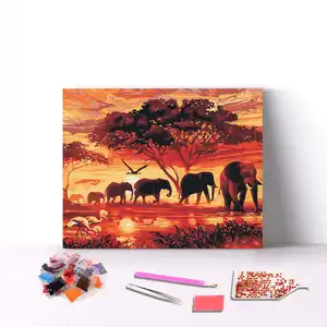 Peinture diamant sur mesure avec image d'éléphant, marche sur prairie africaine, paysage de coucher de soleil, perceuse complète, Offre Spéciale