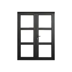 Portes à battants à cadre en aluminium noir Porte battante en verre trempé Portes d'entrée à double vitrage avec poignée