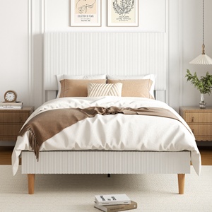 Cadre <span class=keywords><strong>de</strong></span> <span class=keywords><strong>lit</strong></span> Queen Size au design simple et contemporain, style nordique, tissu texturé blanc, <span class=keywords><strong>lit</strong></span> plateforme rembourré, mobilier <span class=keywords><strong>de</strong></span> chambre d'hôtel - Product Image 1