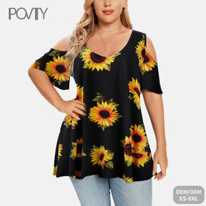 POVTY Custom Printed Plus Size Buttery Soft V Neck Short Sleeve Cold Shoulder Loose <strong>Tunic</strong> <strong>Tops</strong> for Women Summer T-shirts Blouses - Product Image 1