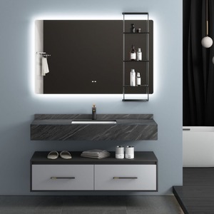 ตู้ห้องน้ำดีไซน์ทันสมัยและมินิมอล พร้อมท็อปเคาน์เตอร์หินอ่อนสีเทา อ่างล้างหน้าสีขาว และตู้กระจกอัจฉริยะ - Product Image 1