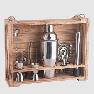 11 Piece Holder Wooden Box Bar Tools Professional Manufacturer 700ml Stainless Steel Cocktail Shaker Set Mixology Bartender Kit